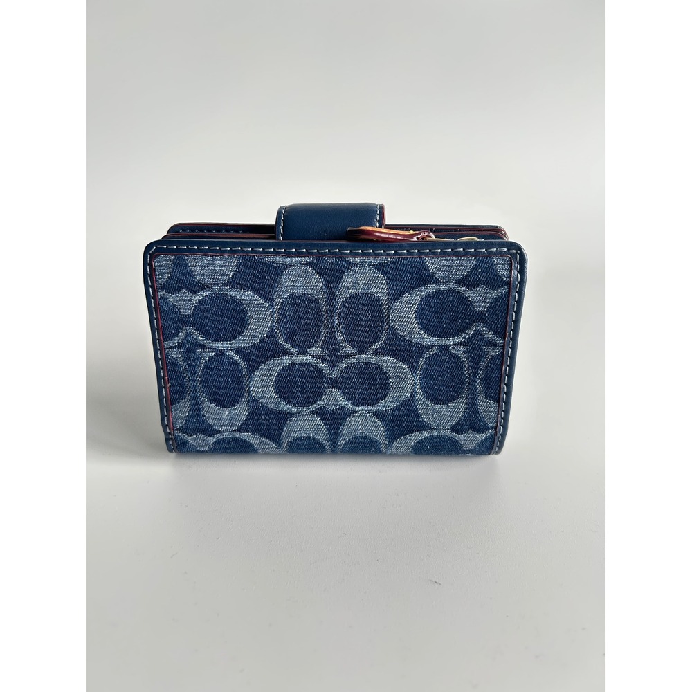 Coach Medium Corner Zip Wallet Navy Blue Signature Chambray Leather Excellent - Picture 2 of 6